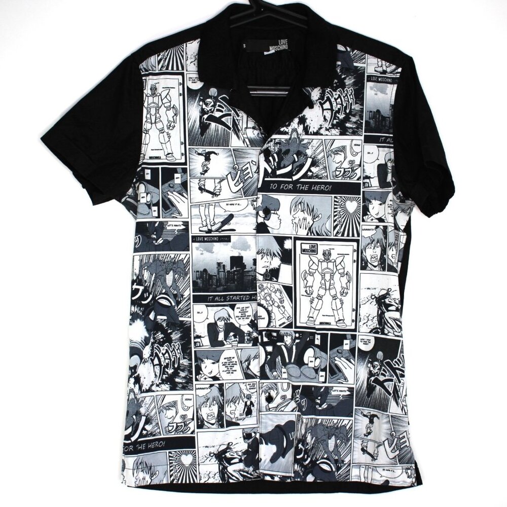 Love Moschino Mens Small Japanese Comics Open Collar Button Up Shirt F1294